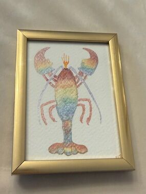 Mini Framed Original Rainbow Metallic Lobster Watercolor Art, Signed
